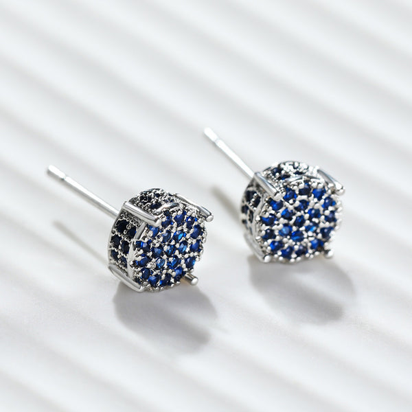 Silver-Tone Royal Blue CZ Pave Round Cluster Stud Earrings