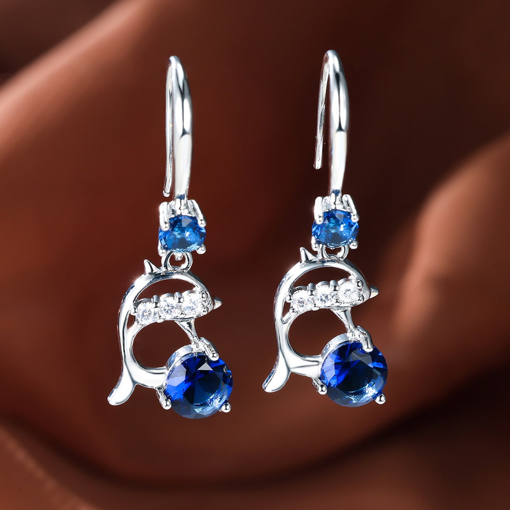 Silver-Tone Mid-Length Royal Blue CZ Dolphin Drop Earrings