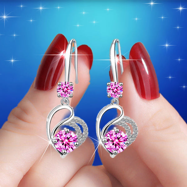 Silver-Tone Pink Crystal Intertwined Hearts Dangle Drop Earrings