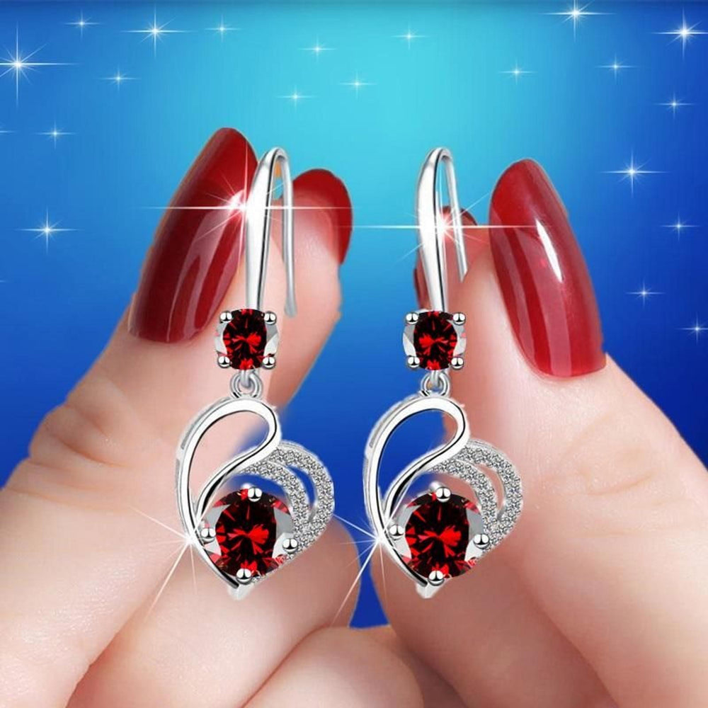 Silver-Tone Entwined Red Crystal Heart Drop Earrings