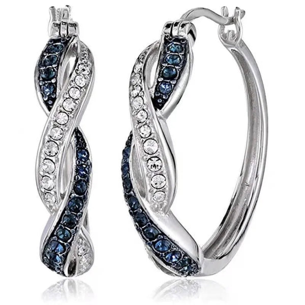 Silver-Tone Twisted Hoop Earrings With Blue & White Crystals