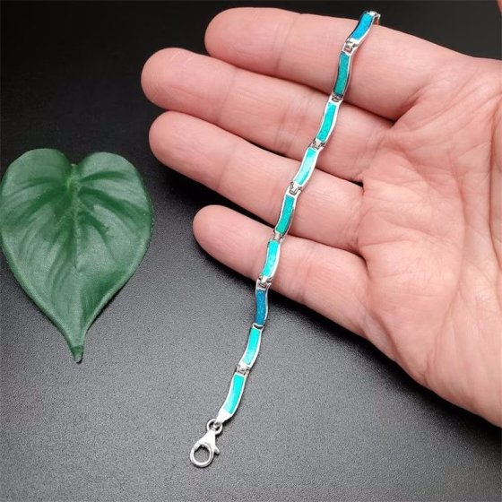 Silver-Tone Blue-Green Simulated Opal Inlay Wave Link Bracelet