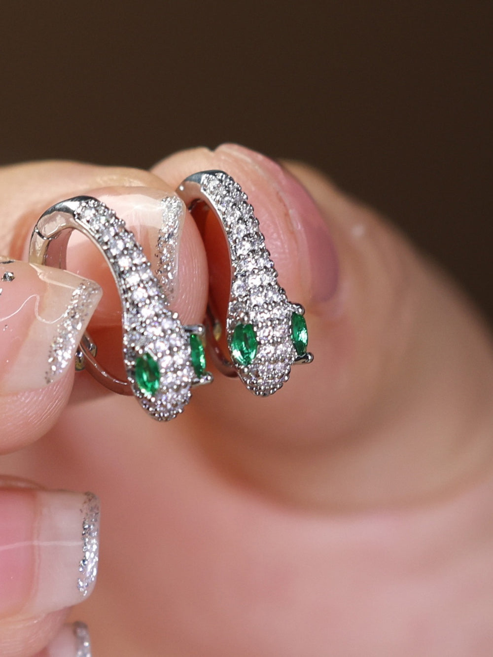 Silver-Tone Crystal Pave Snake Huggie Hoop Earrings with Green Eyes