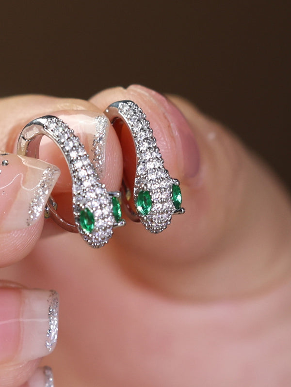 Silver-Tone Crystal Pave Snake Huggie Hoop Earrings with Green Eyes