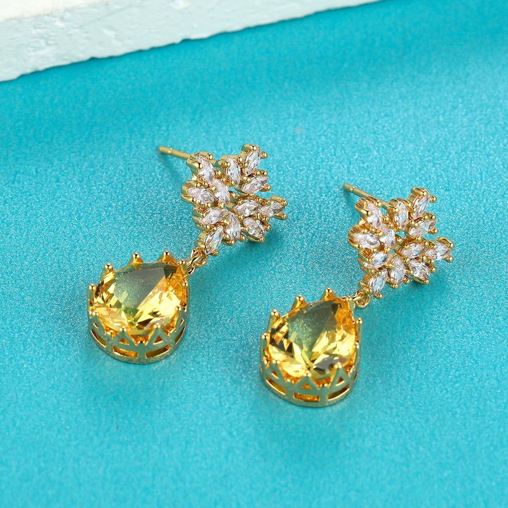 Gold-Tone Yellow Teardrop Crystal & White CZ Cluster Drop Earrings