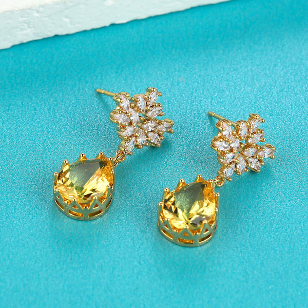 Gold-Tone Yellow Teardrop Crystal & White CZ Cluster Drop Earrings