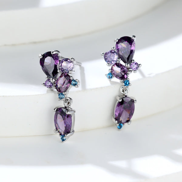 Silver-Tone Amethyst-Purple Crystal Cluster Drop Earrings