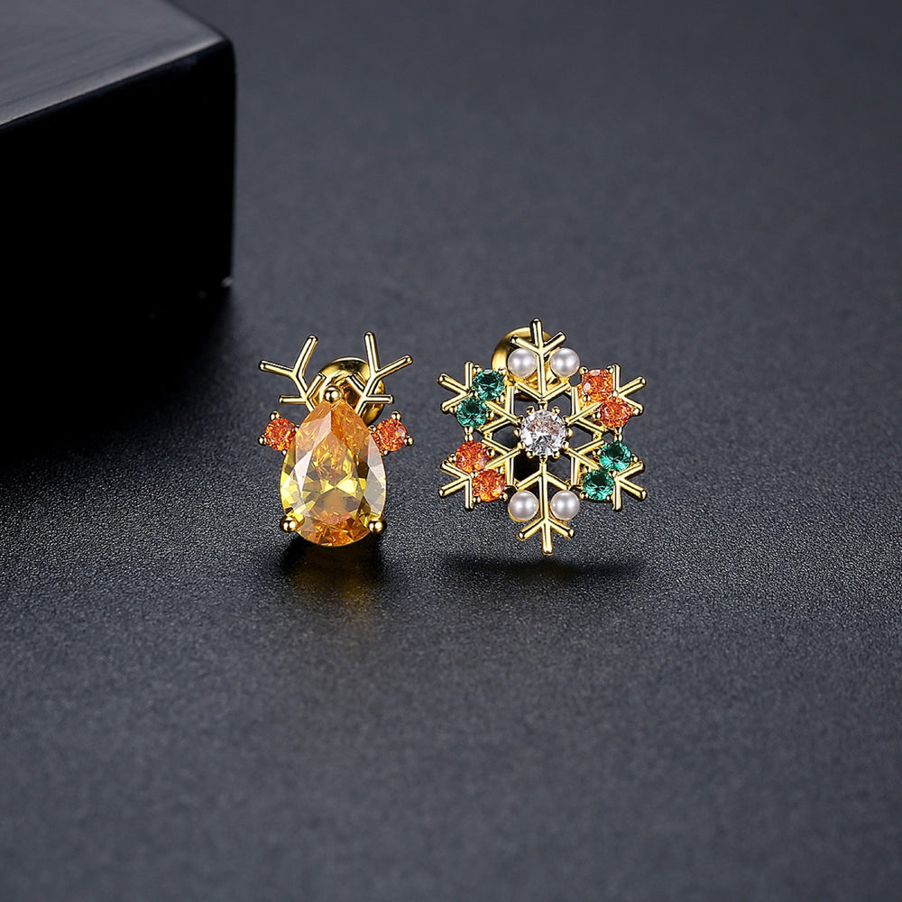 Gold-Tone Asymmetric Reindeer & Snowflake CZ Stud Earrings
