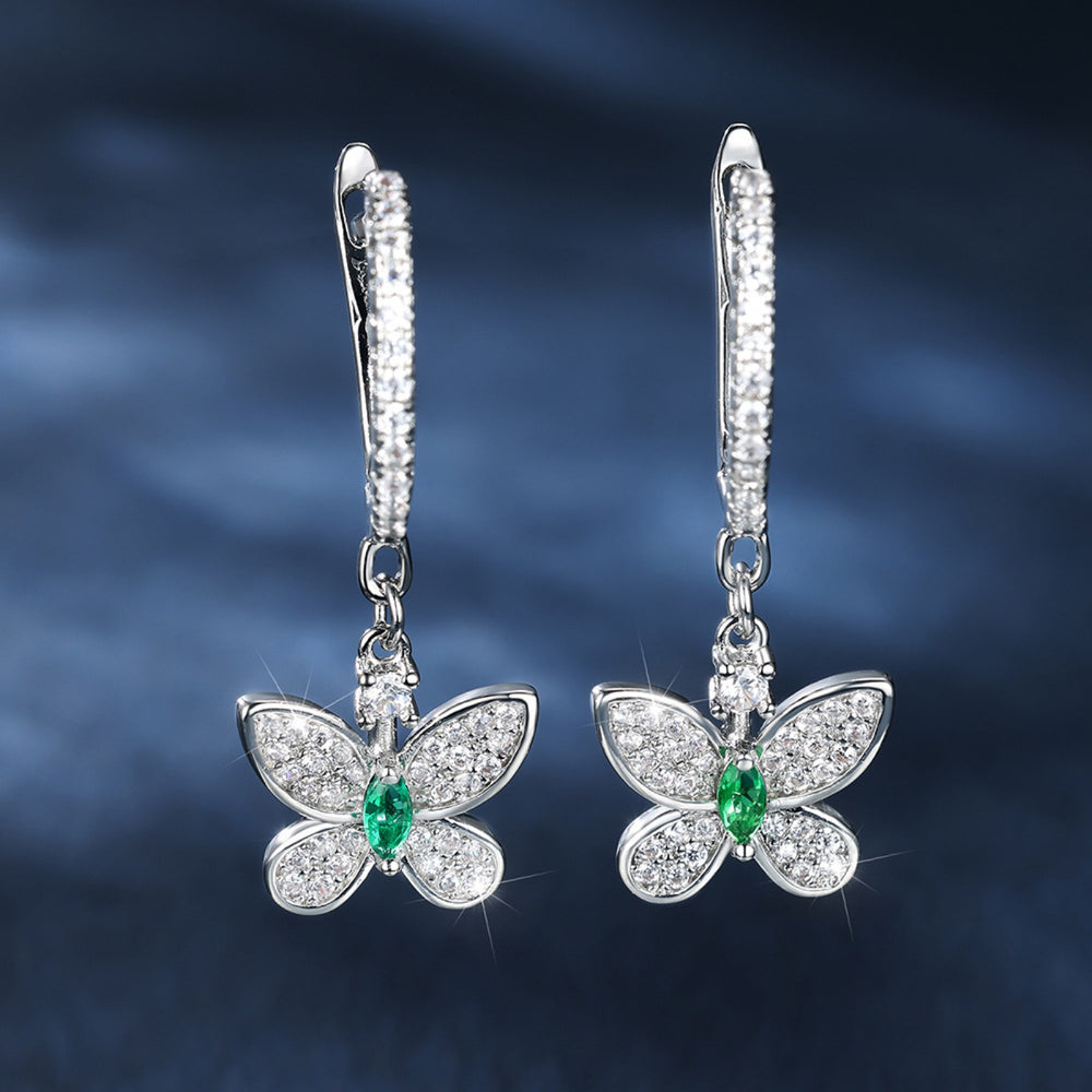 Silver-Tone Emerald-Green Crystal Pave Butterfly Drop Earrings