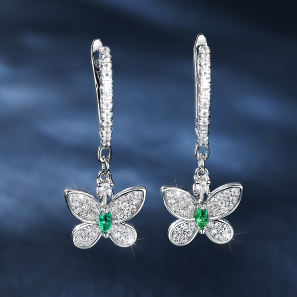 Silver-Tone Emerald-Green Crystal Pave Butterfly Drop Earrings