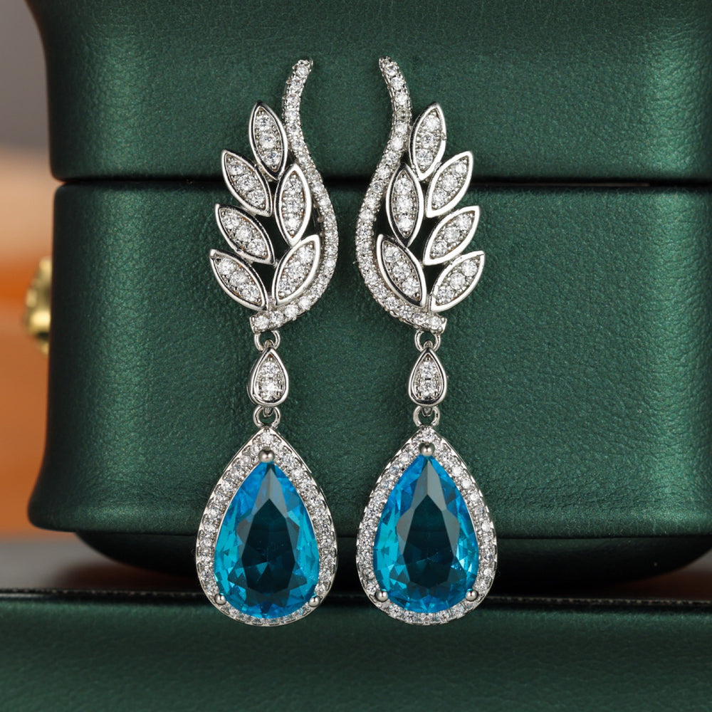 Silver-Tone Angel Wing Aqua Blue Crystal Teardrop Drop Earrings