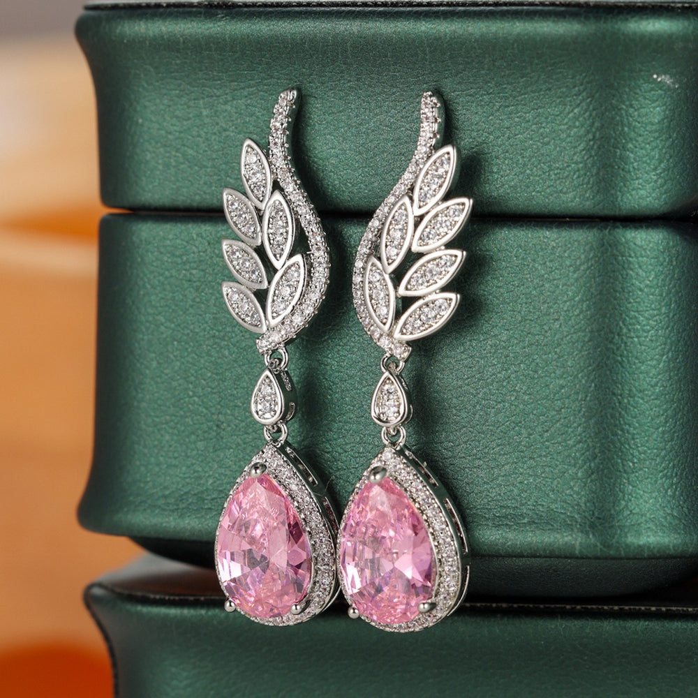 Silver-Tone Pink Teardrop Crystal Angel Drop Earrings