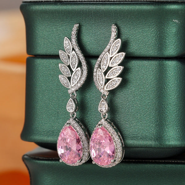 Silver-Tone Pink Teardrop Crystal Angel Drop Earrings