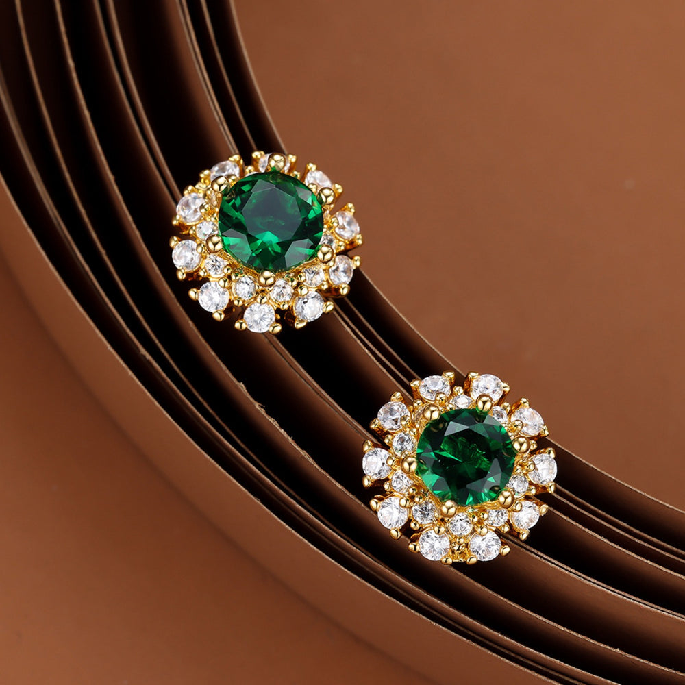 Gold-Tone Vintage Emerald Green Round Crystal Cluster Stud Earrings