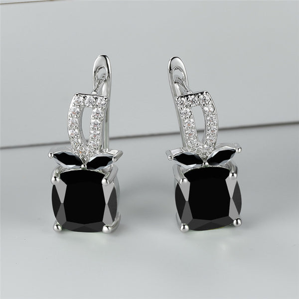 Silver-Tone Black Crystal Berry Fruit Huggie Earrings