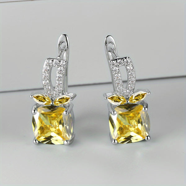 Silver-Tone Yellow Cushion Crystal Fruit Huggie Earrings
