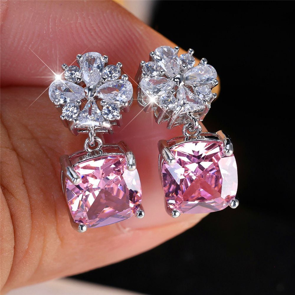 Silver-Tone Pink Cushion Crystal White Flower Drop Earrings
