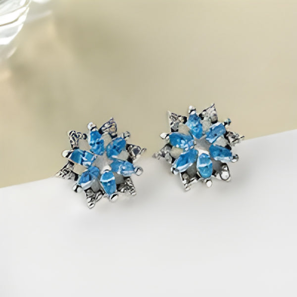 Silver-Tone Aqua Blue CZ Ice Flower Snowflake Stud Earrings