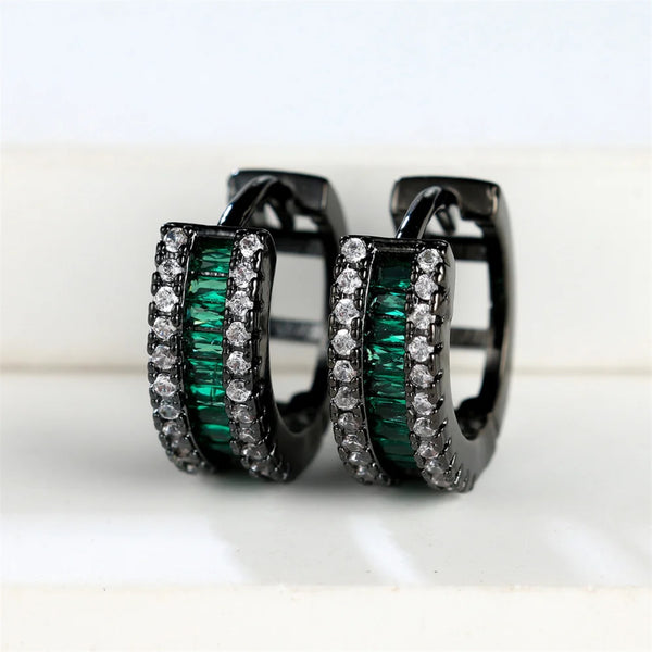 Black & Gold-Tone Green Baguette CZ Openwork Huggie Hoop Earrings