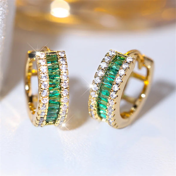 Gold-Tone Green Baguette CZ Triple-Row Huggie Hoop Earrings