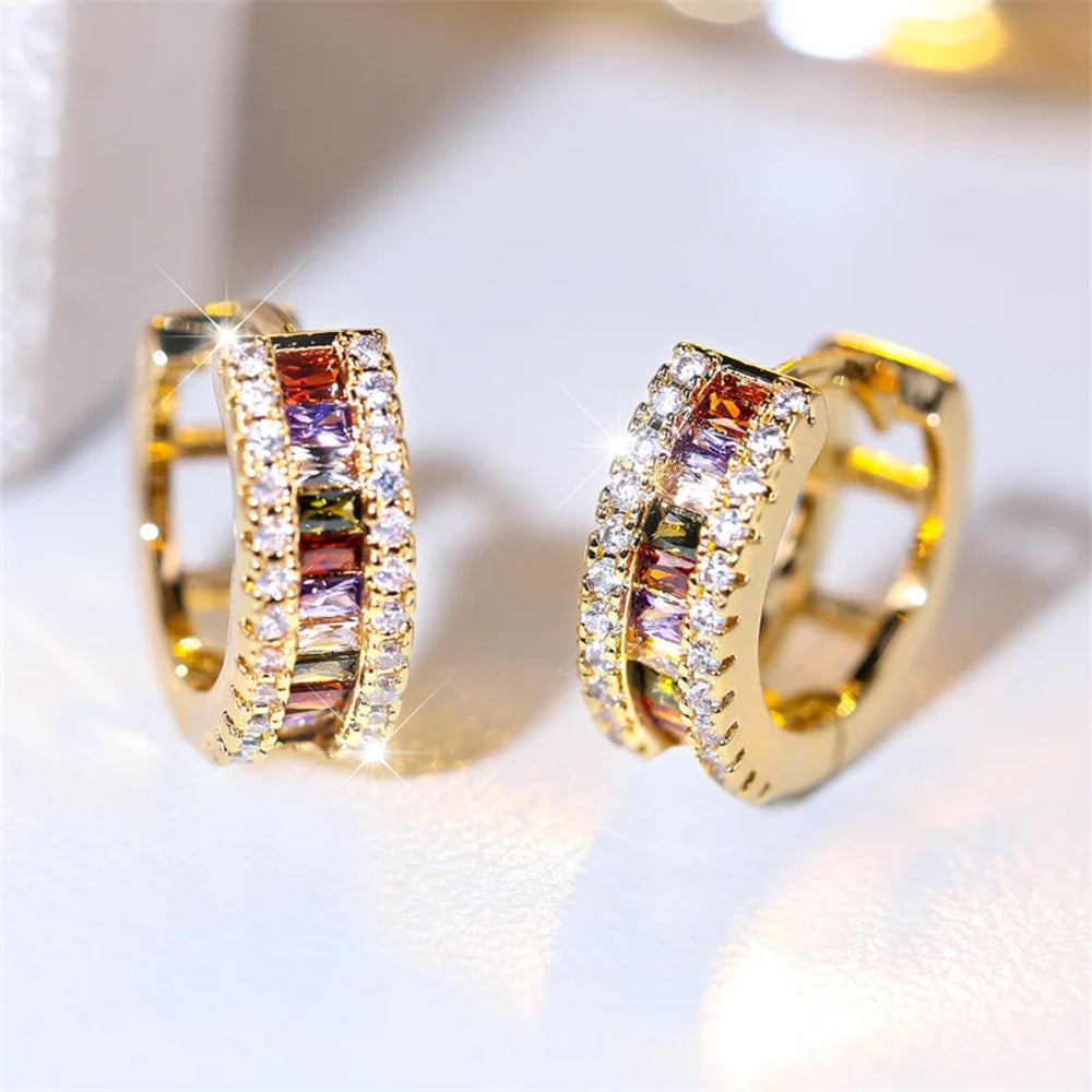 Gold-Tone Multicolor Baguette CZ Triple-Row Huggie Hoop Earrings