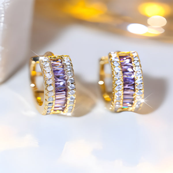 Gold-Tone Purple Baguette CZ Openwork Huggie Hoop Earrings