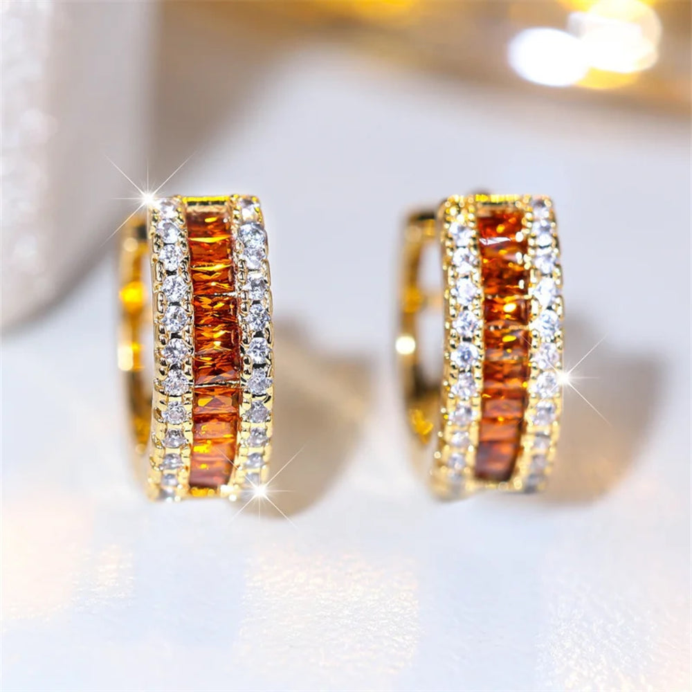 Gold-Tone Red Baguette CZ Triple-Row Huggie Hoop Earrings