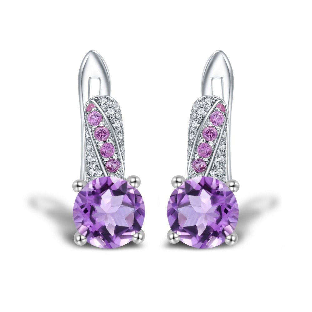 Silver-Tone Amethyst-Purple Round Crystal Huggie Earrings