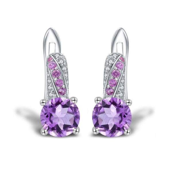 Silver-Tone Amethyst-Purple Round Crystal Huggie Earrings