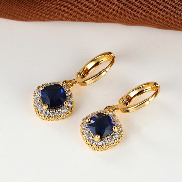 Gold-Tone Royal Blue Crystal Cushion Halo Huggie Drop Earrings