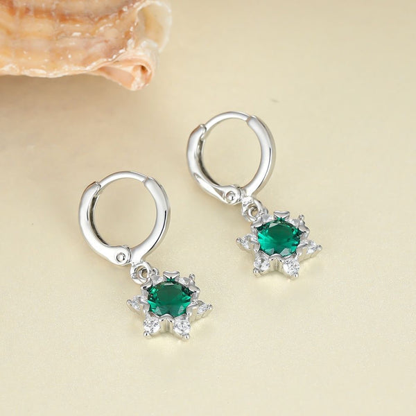 Silver-Tone Green Crystal Six-Point Star Flower Huggie Earrings