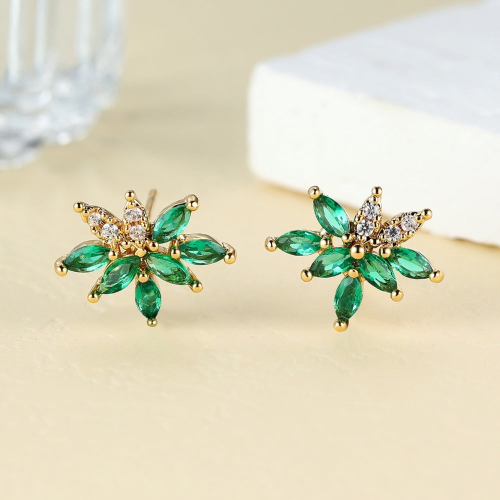 Gold-Tone Emerald-Green Marquise CZ Leaf Cluster Stud Earrings
