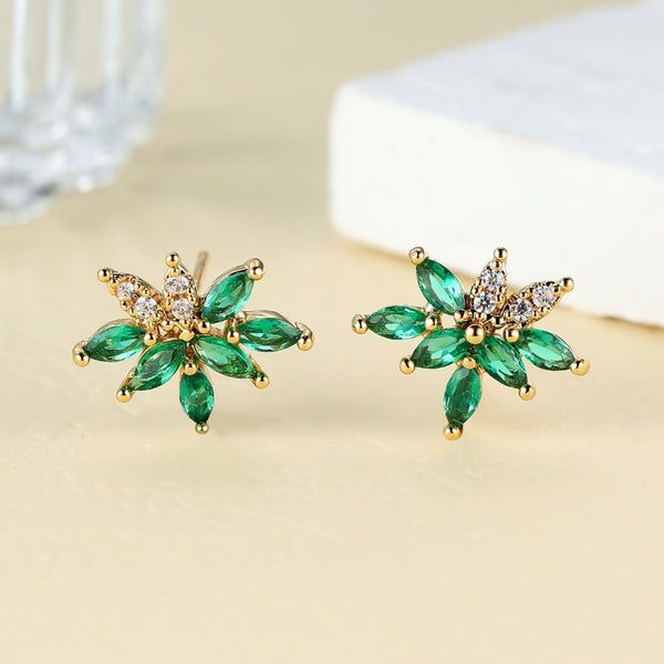Gold-Tone Emerald-Green Marquise CZ Leaf Cluster Stud Earrings