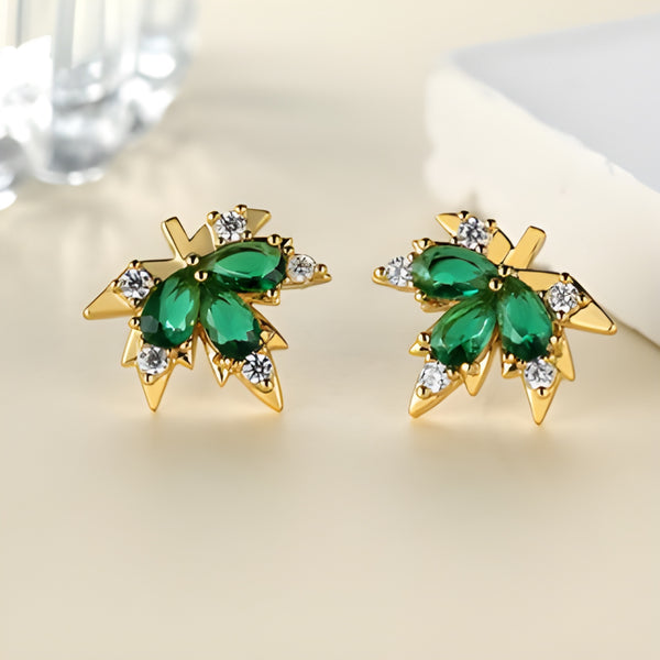 Gold-Tone Emerald Green Pear CZ Maple Leaf Stud Earrings