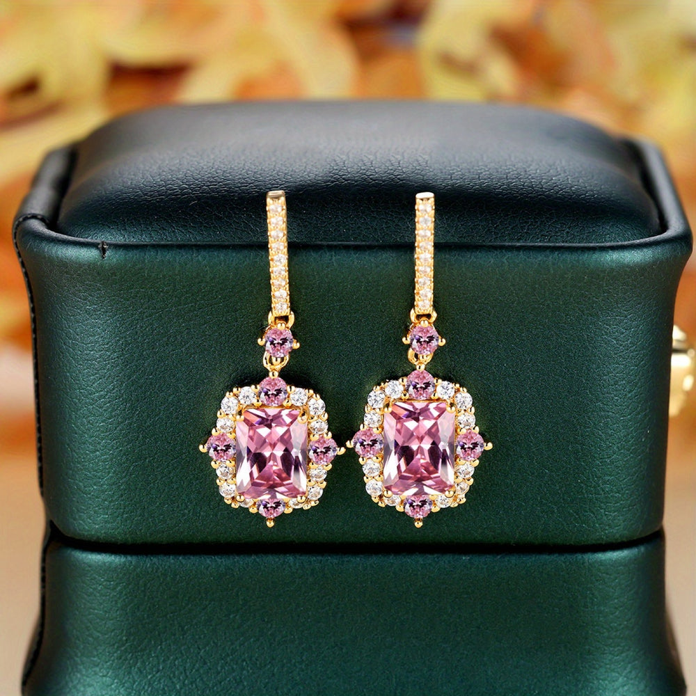 Gold-Tone Rectangular Pink Crystal Vintage Halo Drop Earrings