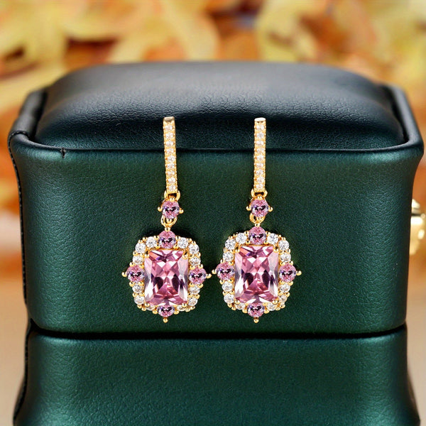 Gold-Tone Rectangular Pink Crystal Vintage Halo Drop Earrings