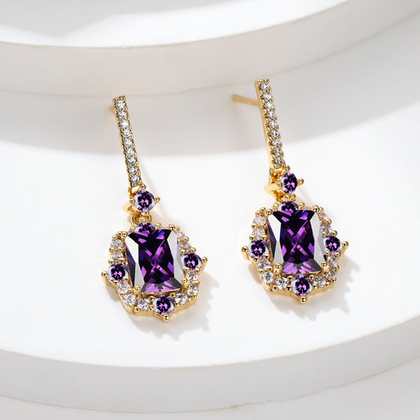 Gold-Tone Purple Emerald-Cut Crystal Baroque Drop Earrings