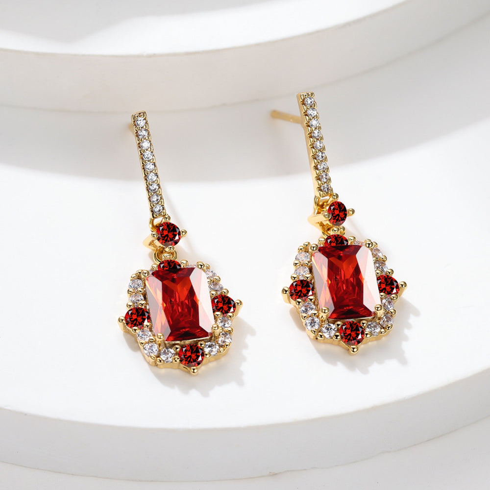 Gold-Tone Rectangular Red Crystal Vintage Halo Drop Earrings