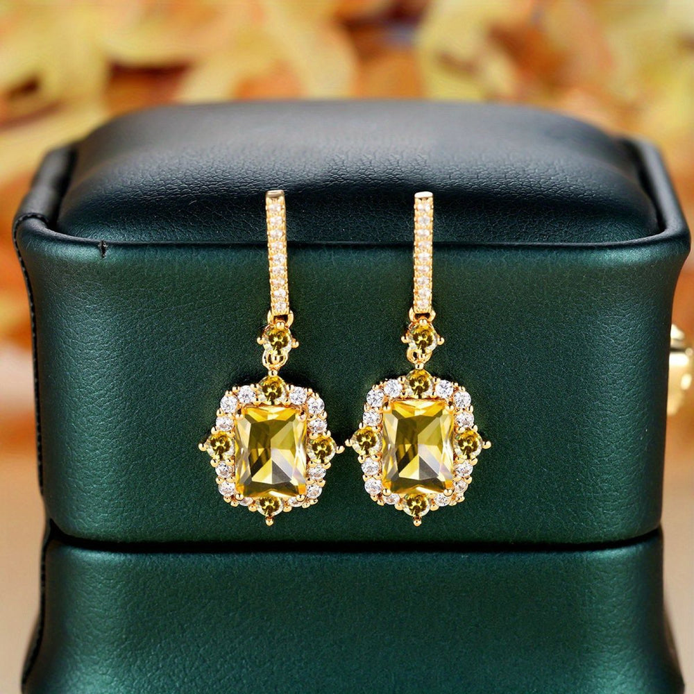 Gold-Tone Rectangular Yellow Crystal Vintage Halo Drop Earrings
