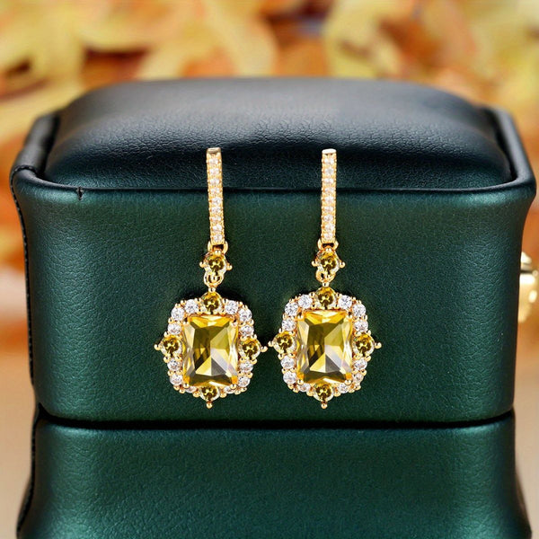 Gold-Tone Rectangular Yellow Crystal Vintage Halo Drop Earrings