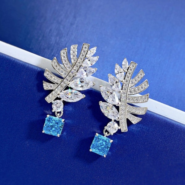 Silver-Tone Crystal Feather Aqua Blue Square Drop Earrings