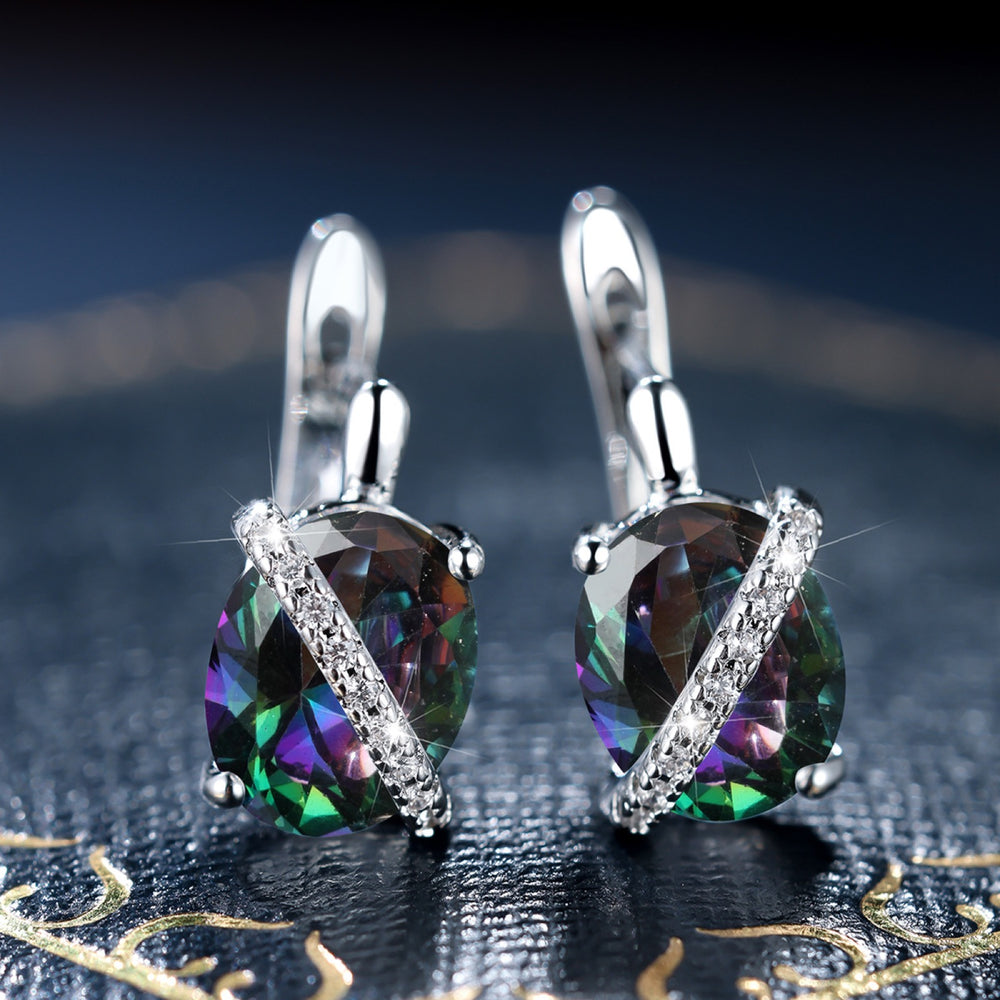 Silver-Tone Oval Mystic Rainbow Crystal Pave Sash Huggie Earrings
