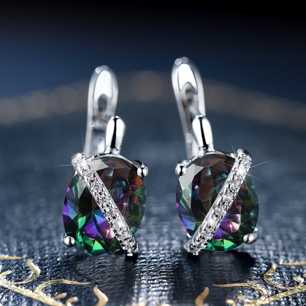Silver-Tone Oval Mystic Rainbow Crystal Pave Sash Huggie Earrings