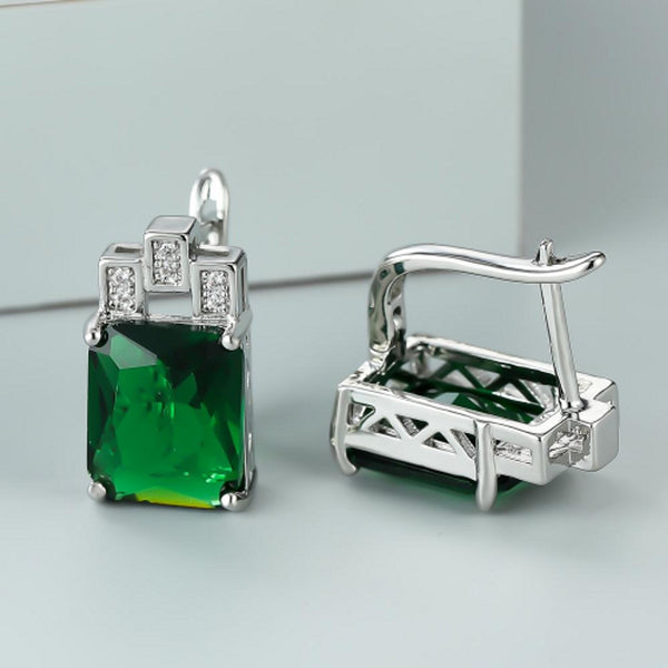 Silver-Tone Emerald Green Baguette Crystal Huggie Earrings
