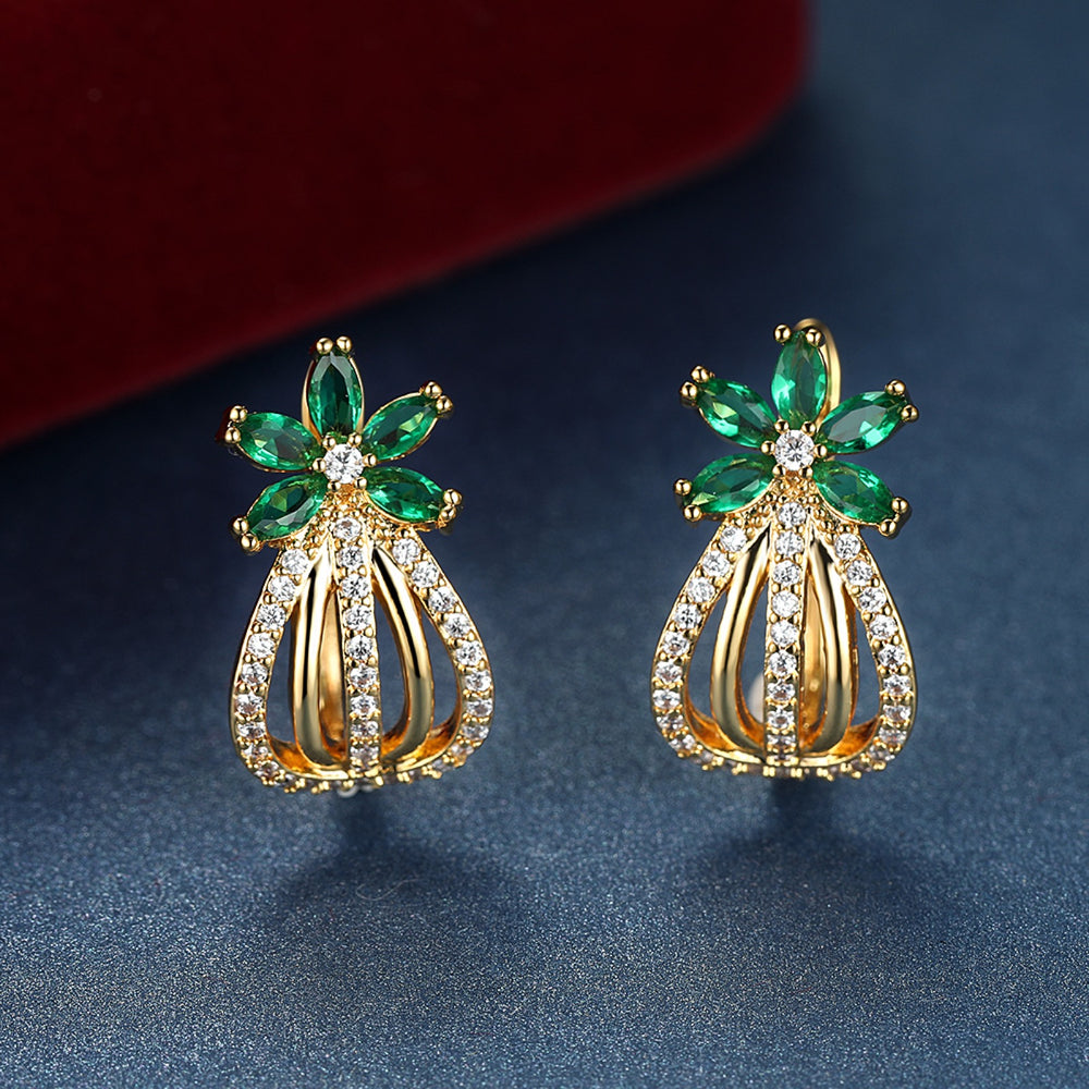 Gold-Tone Green Marquise Crystal Flower Teardrop Cage Earrings