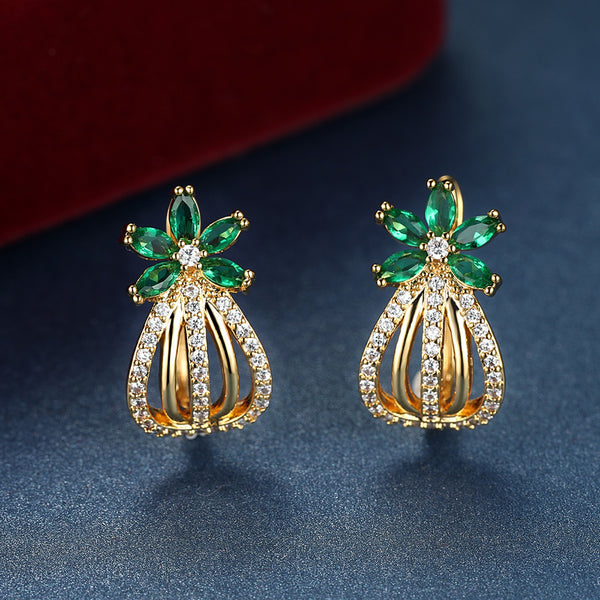 Gold-Tone Green Marquise Crystal Flower Teardrop Cage Earrings