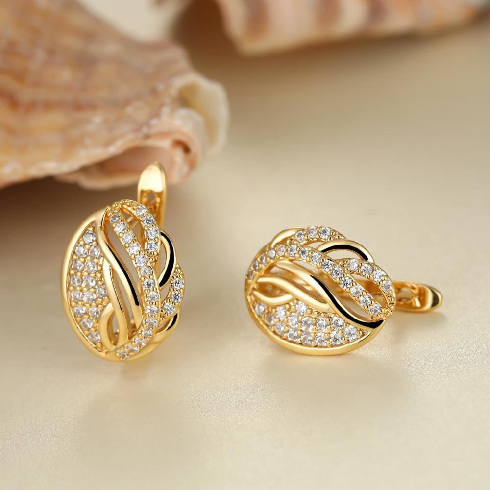 Gold-Tone White Crystal Pave Openwork Leaf Huggie Earrings