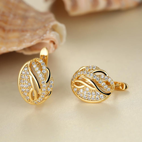 Gold-Tone White Crystal Pave Openwork Leaf Huggie Earrings