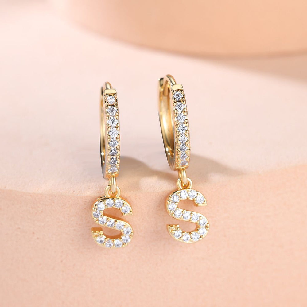 Gold-Tone White Crystal Letter S Initial Huggie Hoop Earrings