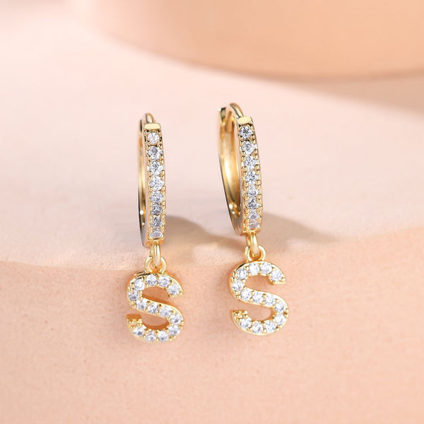 Gold-Tone White Crystal Letter S Initial Huggie Hoop Earrings